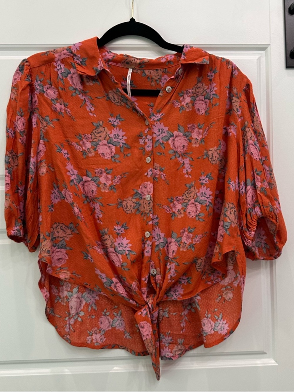 Free People Orange Floral Button-Tie Blouse